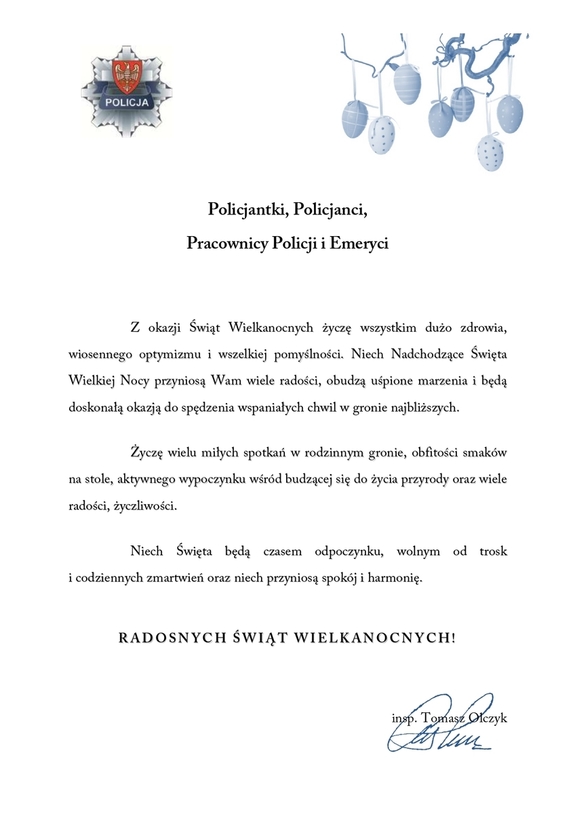 Życzenia Komendanta Wojewódzkiego Policji w Poznaniu z okazji Świąt Wielkanocnych